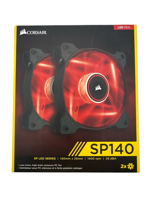 två Corsair SP140 datorfläktar med röd LED-belysning.