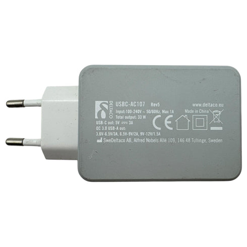 DELTACO Väggladdare USB-C USB-A Quick Charge 3.0 (beg)