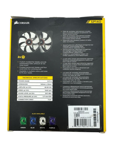 två Corsair SP140 datorfläktar med röd LED-belysning.