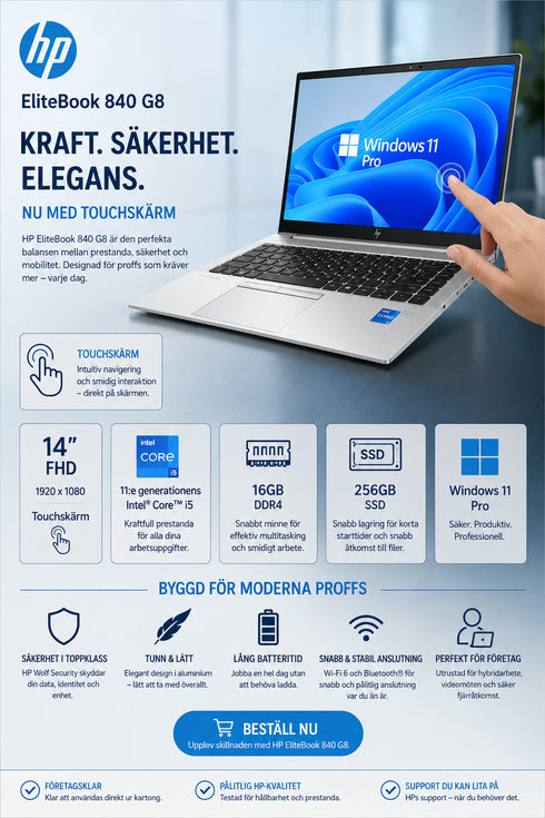 HP EliteBook 840 G8 14" pekskärm i5-1135G7 16 GB 256 GB Win 11 pro (beg)