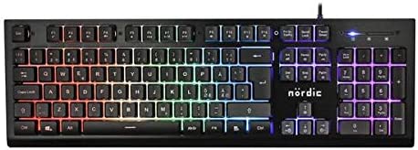 bakgrundsbelyst trådat RGB gamingtangentbord, nordisk, membranbrytare, 25 anti-ghosting tangenter, mediatangenter, aluminium, ABS plast, USB