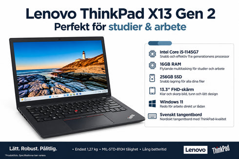 Lenovo ThinkPad X13 Gen 2 - i5-1145G7 - 16GB RAM - 256GB SSD - 13.3" - Windows 11 | För Studier, Arbete Företag