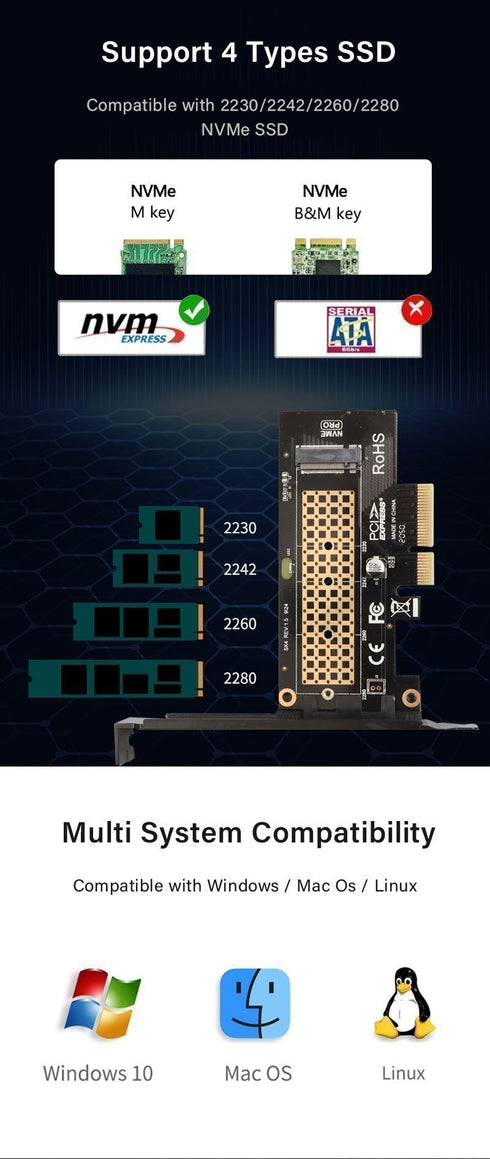 ROHS M.2 NVMe Till PCIe 4.0 X4-Adapter för 2280/2260/2242/2230 M.2 NVMe SSD