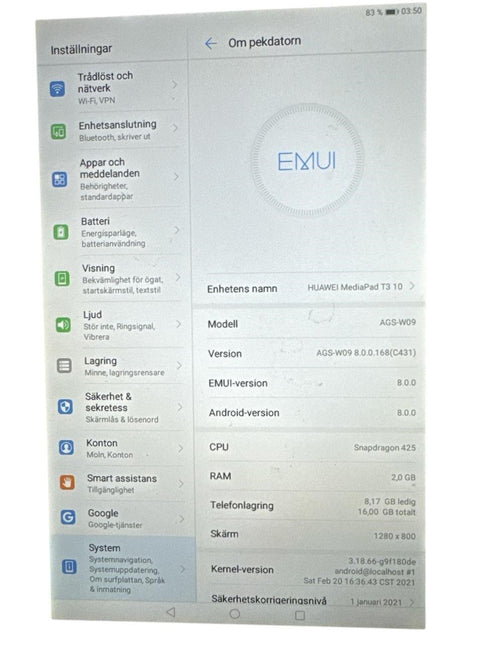 HUAWEI MediaPad T3 10 Android version 8.0 (SIM-kort)