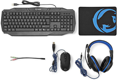 NEDIS - Gaming combo kit - 4-i-1 - Tangentbord, headset, mus och musmatta - 5 V 0,5 A - Högerhänt - 6 knappar - Operativsystem Windows - USB - 1200/1600 / 2000/3200 DPI