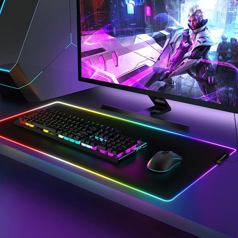 ZMATECH RGB-spelmusmatta 800 x 300 mm, XL-musmatta med 14 belysningslägen och 7 LED-färger, stor, utökad lysande halkfri för dator, PC-spelare