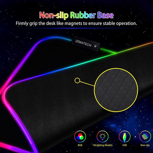 ZMATECH RGB-spelmusmatta 800 x 300 mm, XL-musmatta med 14 belysningslägen och 7 LED-färger, stor, utökad lysande halkfri för dator, PC-spelare