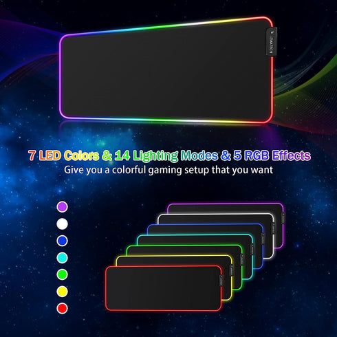 ZMATECH RGB-spelmusmatta 800 x 300 mm, XL-musmatta med 14 belysningslägen och 7 LED-färger, stor, utökad lysande halkfri för dator, PC-spelare
