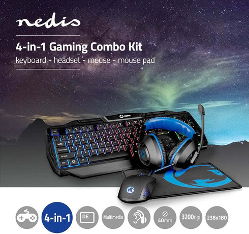 NEDIS - Gaming combo kit - 4-i-1 - Tangentbord, headset, mus och musmatta - 5 V 0,5 A - Högerhänt - 6 knappar - Operativsystem Windows - USB - 1200/1600 / 2000/3200 DPI
