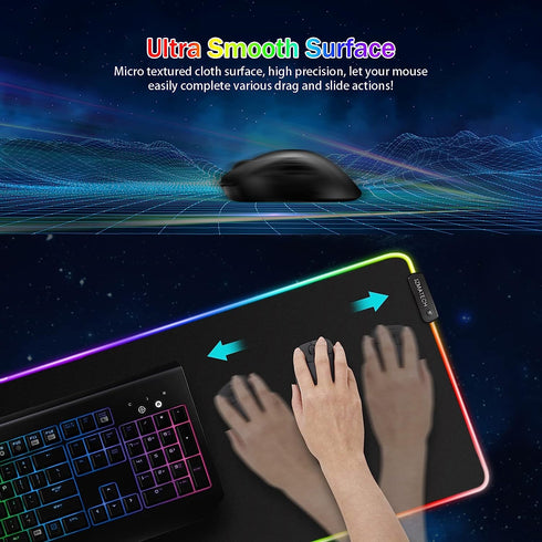 ZMATECH RGB-spelmusmatta 800 x 300 mm, XL-musmatta med 14 belysningslägen och 7 LED-färger, stor, utökad lysande halkfri för dator, PC-spelare