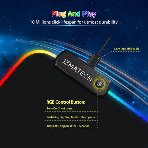 ZMATECH RGB-spelmusmatta 800 x 300 mm, XL-musmatta med 14 belysningslägen och 7 LED-färger, stor, utökad lysande halkfri för dator, PC-spelare