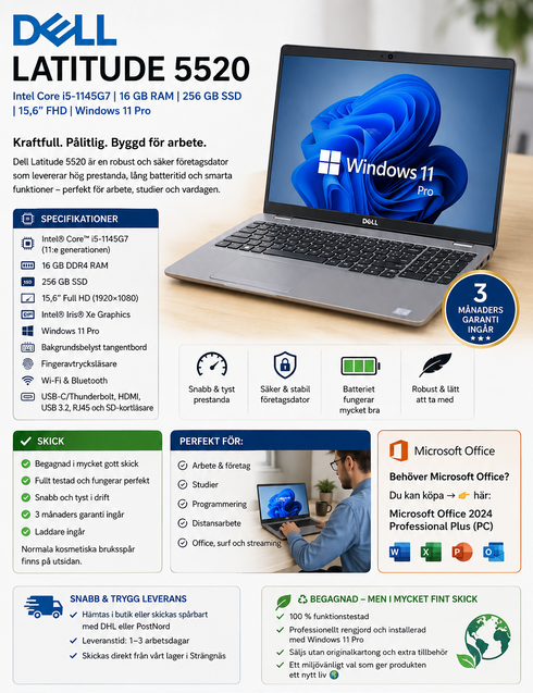 Dell Latitude 5520 | Intel Core i5-1145G7 | 16 GB RAM | 256 GB SSD | 15,6" FHD | Windows 11 Pro