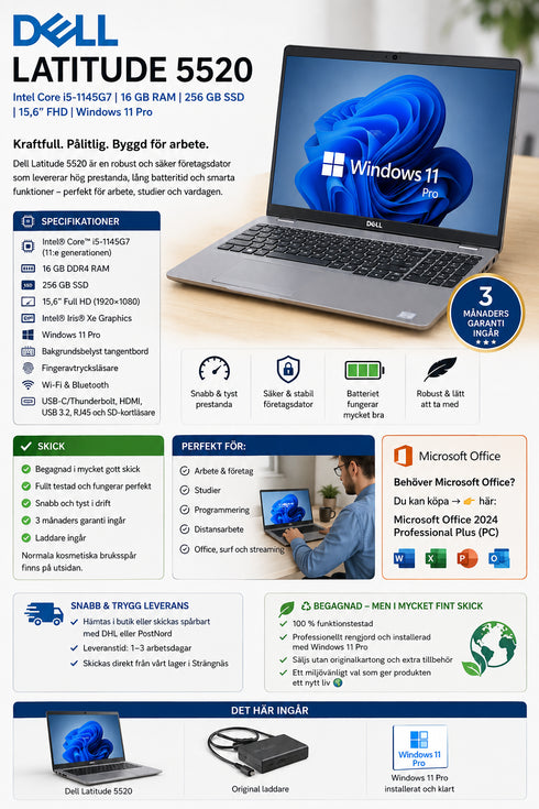 Dell Latitude 5520 | Intel Core i5-1145G7 | 16 GB RAM | 256 GB SSD | 15,6" FHD | Windows 11 Pro