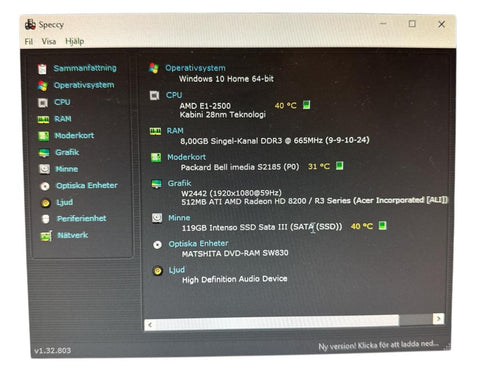 Packard Bell S2185 - 128GB SSD 8GB RAM Windows 10 (beg)