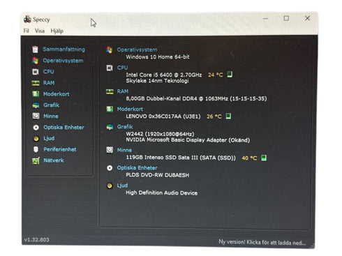 Lenovo Intel Core i5 6400 / 8GB RAM minne DDR4 128GB SSD Windows 10 (beg)