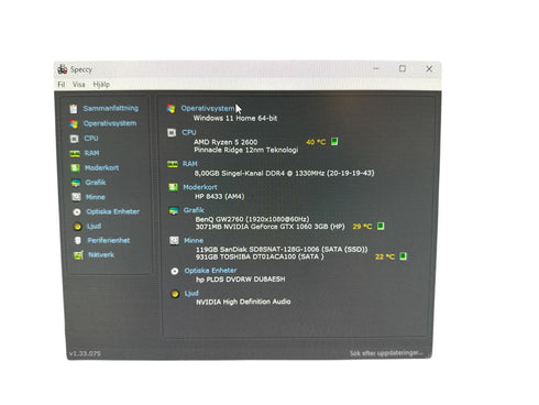 HP Stationär Dator – AMD Ryzen 5 2600 , 8GB RAM, 128GB SSD –Win 11 (beg)