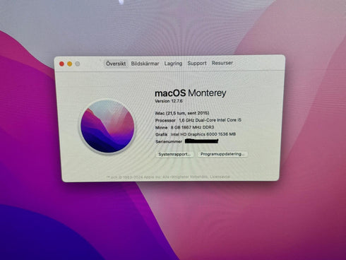 iMac (21,5 tum, sent 2015) Intel Core i5 /8GB RAM Hårddisken 1TB. (beg)