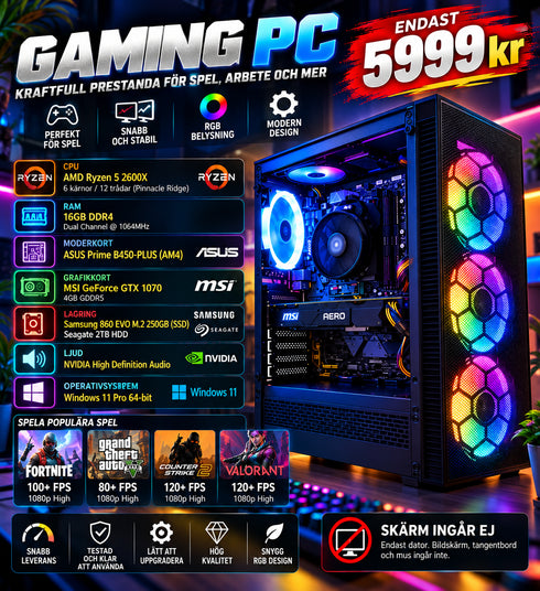 Gaming-PC Ryzen 5 2600X GTX 1070 16GB DDR4 250GB SSD + 2TB HDD