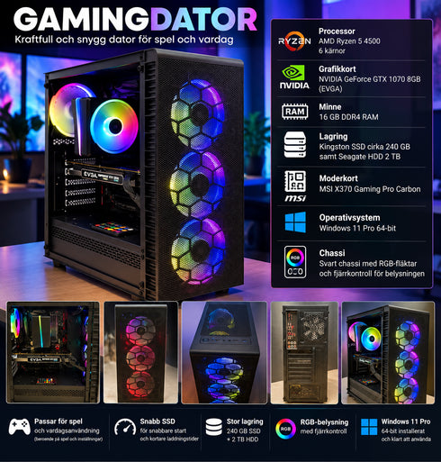 Gamingdator Ryzen 5 4500 – GTX 1070 8GB, 16GB RAM, SSD 240GB + HDD 2TB, RGB
