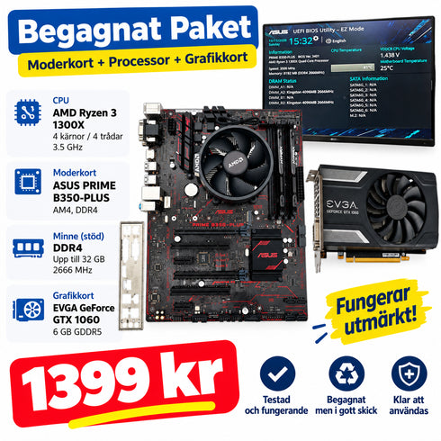 Uppgraderingspaket ASUS PRIME B350-PLUS + Ryzen 3 1300X + 8GB DDR4 + GTX 1060